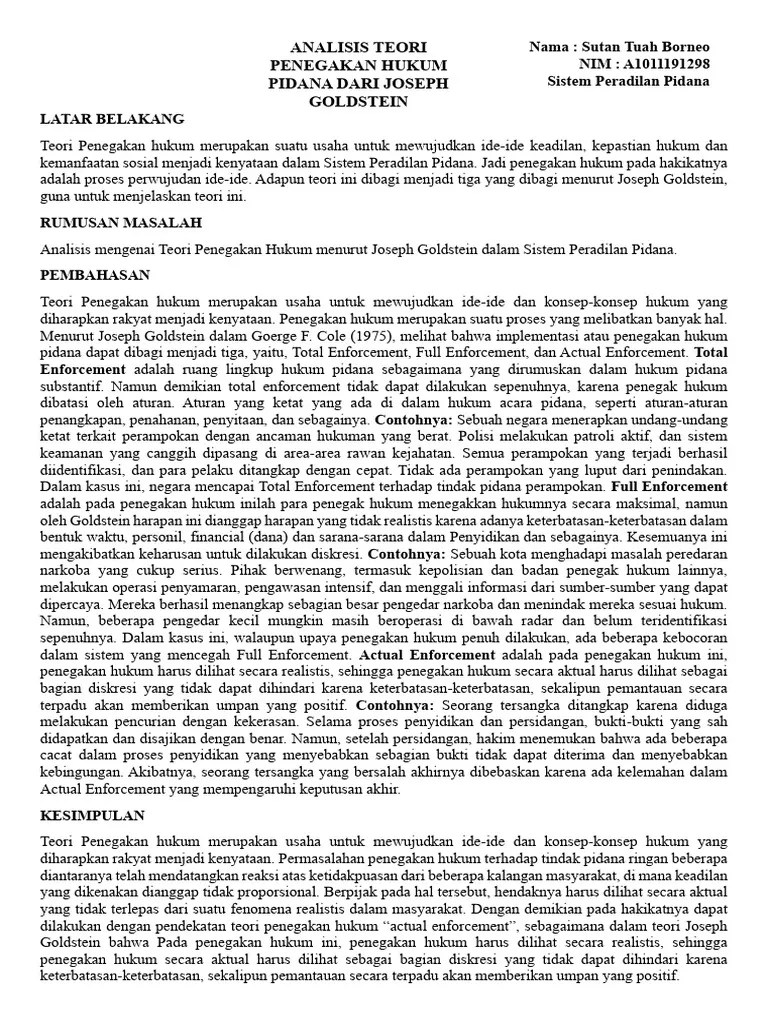 Analisis Teori Penegakan Hukum Pidana Dari Joseph Goldstein - Sutan | PDF