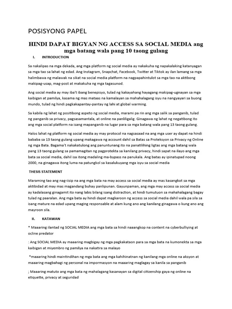 HINDI DAPAT BIGYAN NG ACCESS SA SOCIAL MEDIA Ang Mga Batang Wala Pang 10 Taong Gulang | PDF