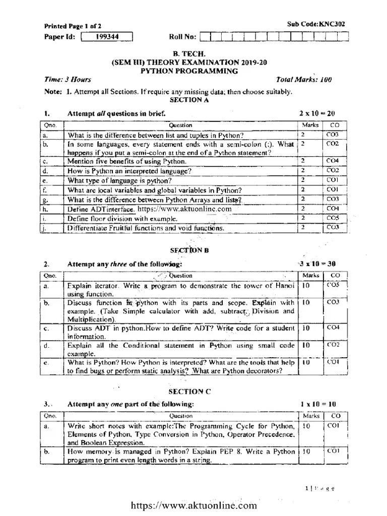 Btech 3 Sem Python Programming Knc302 2020 | PDF