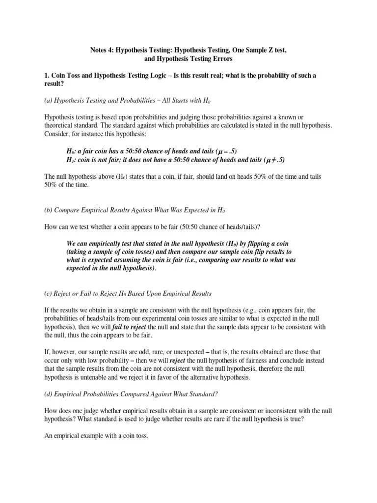 Edur 8131 Notes 4 (Revised) Hypothesis Testing And One Sample Z Test | PDF | Null Hypothesis ...