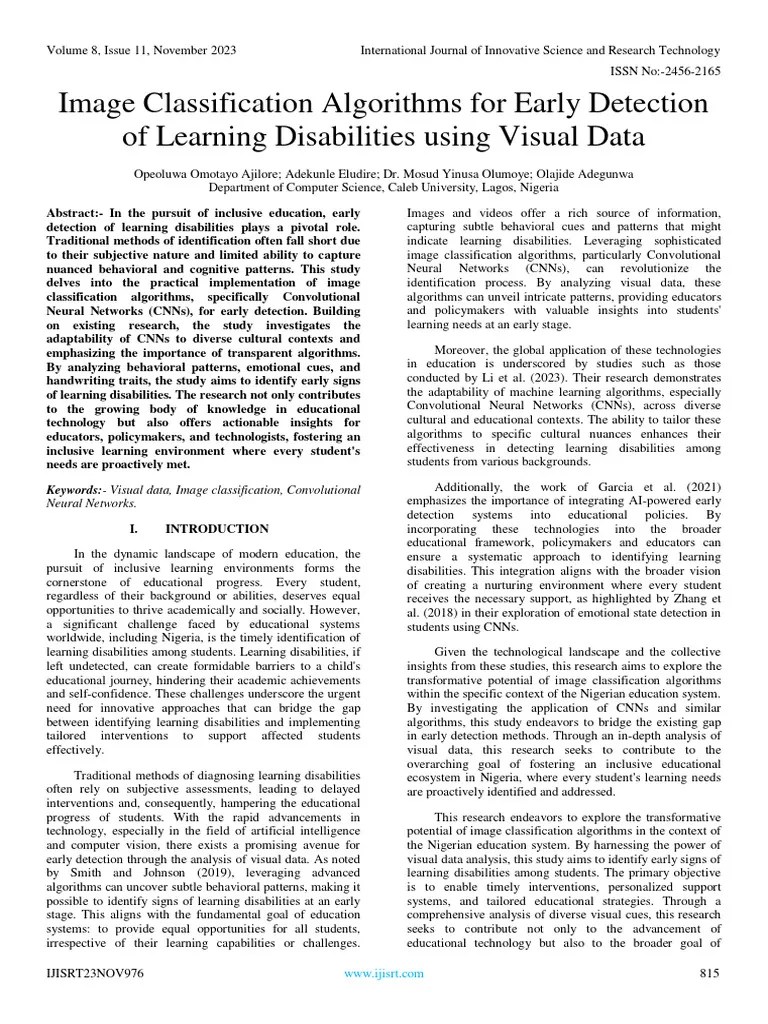 Image Classification Algorithms For Early Detection Of Learning Disabilities Using Visual Data ...