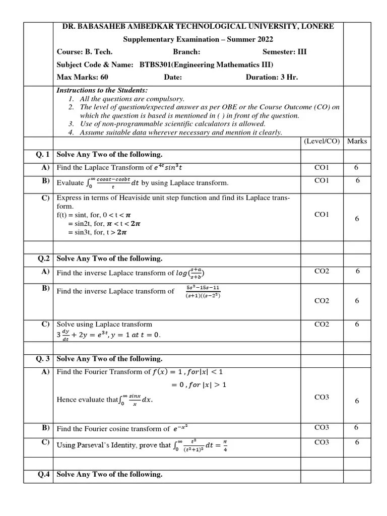 Btech 3 Sem Engineering Mathematics 3 Btbs301 Summer 2022 | PDF ...