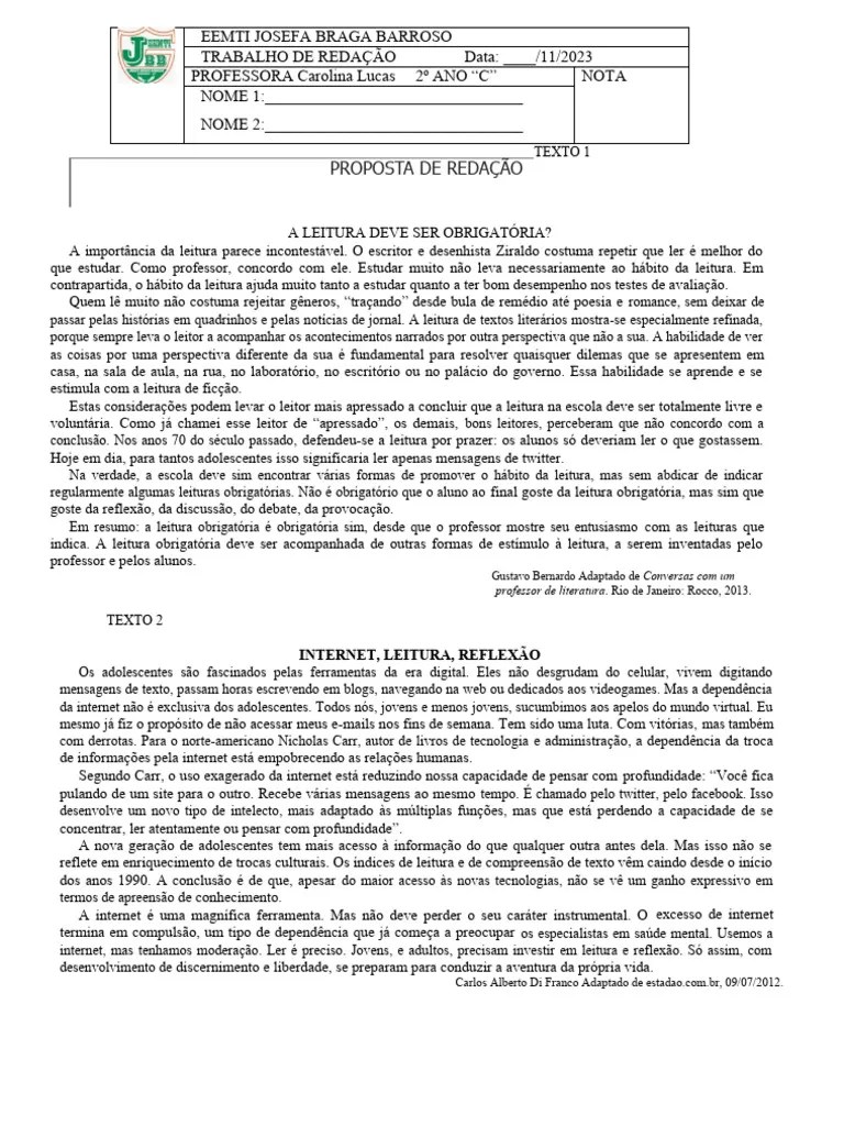 Trabalho Redação 2º Ano | PDF | Internet | Adolescência