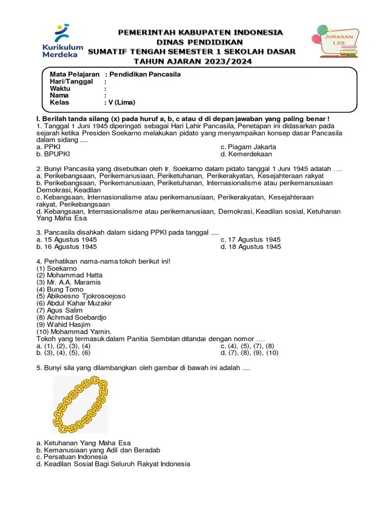 Soal PTS-STS Pendidikan Pancasila Kelas 5 Semester 1 Kurikulum Merdeka ...