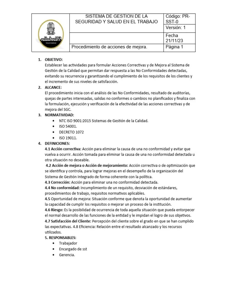 PROCEDIMIENTO DE ACCIONES DE MEJORA Continua | PDF | Gestión De La Calidad | Sistema De Manejo ...