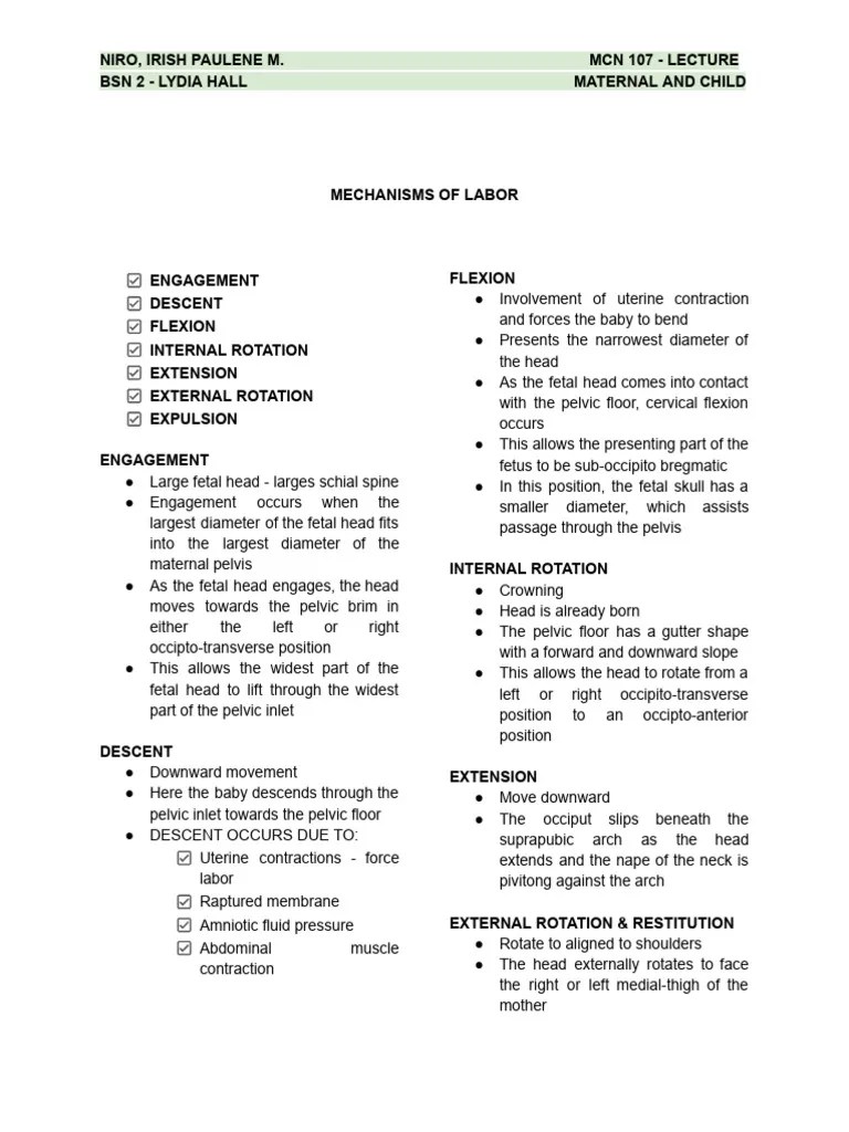 Mechanisms Of Labor | PDF | Childbirth | Pelvis