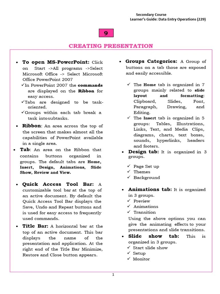 Lesson9 Learners Guide | PDF | Window (Computing) | Microsoft Power Point
