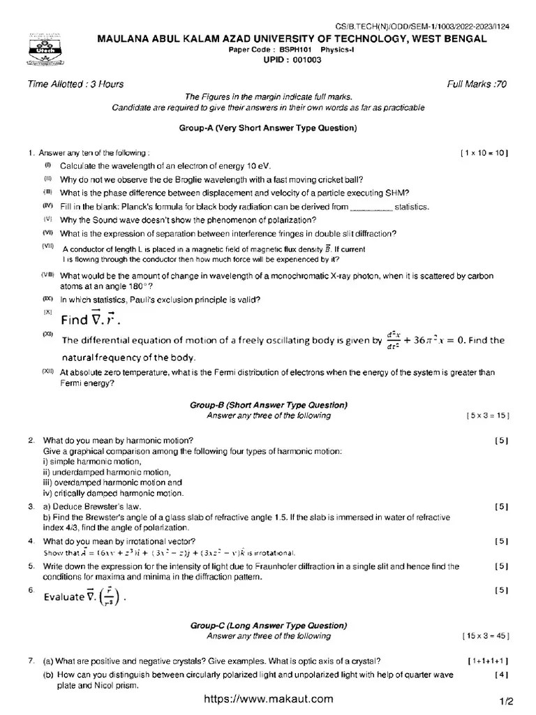 Btech 1 Sem Physics 1 Bsph101 2023 | PDF
