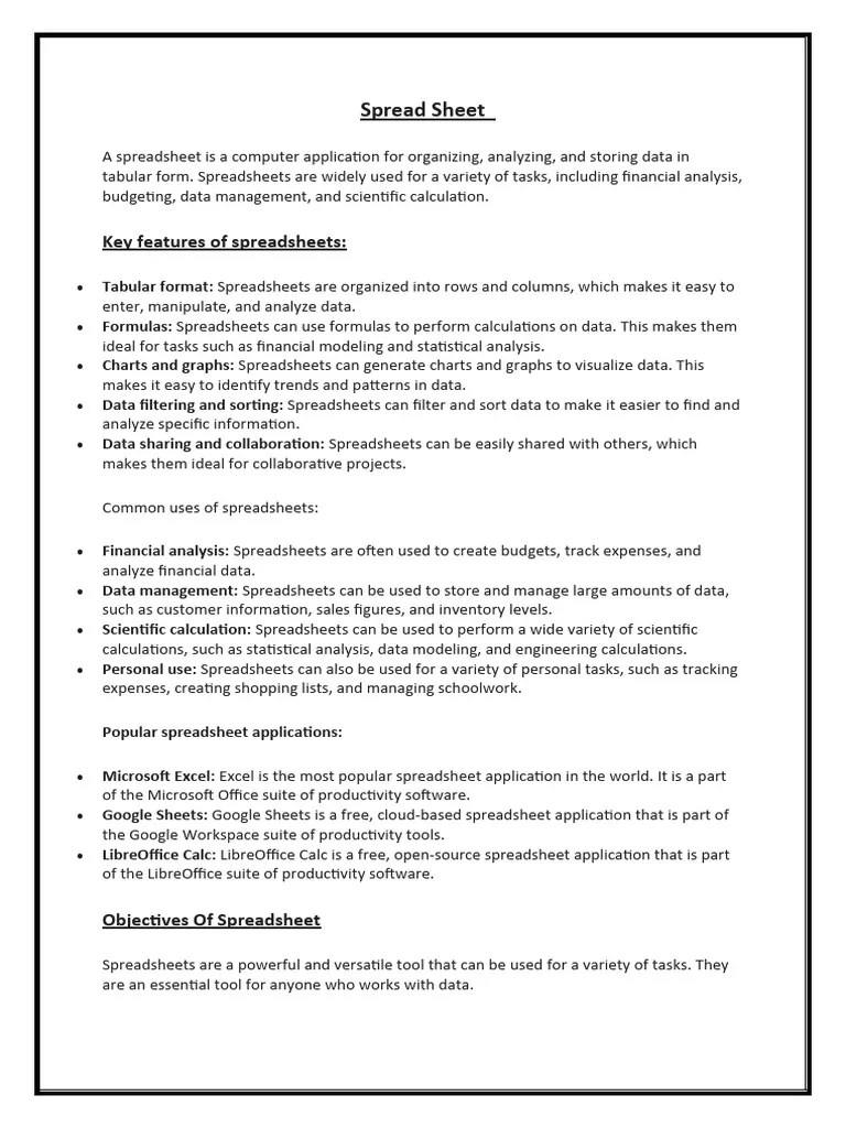 A Spreadsheet Is A Computer Application For Organizing | Download Free ...