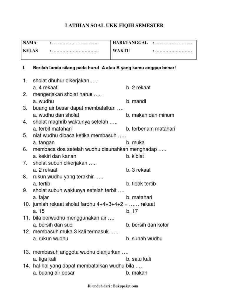 Soal UKK Fiqih Kelas 1 SD Dan Mi Unlocked | PDF