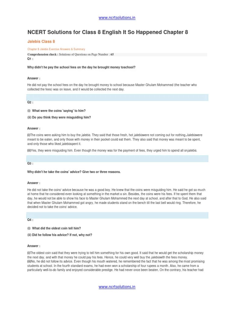 NCERT Solutions For Class 8 English It So Happened Chapter 8 | PDF