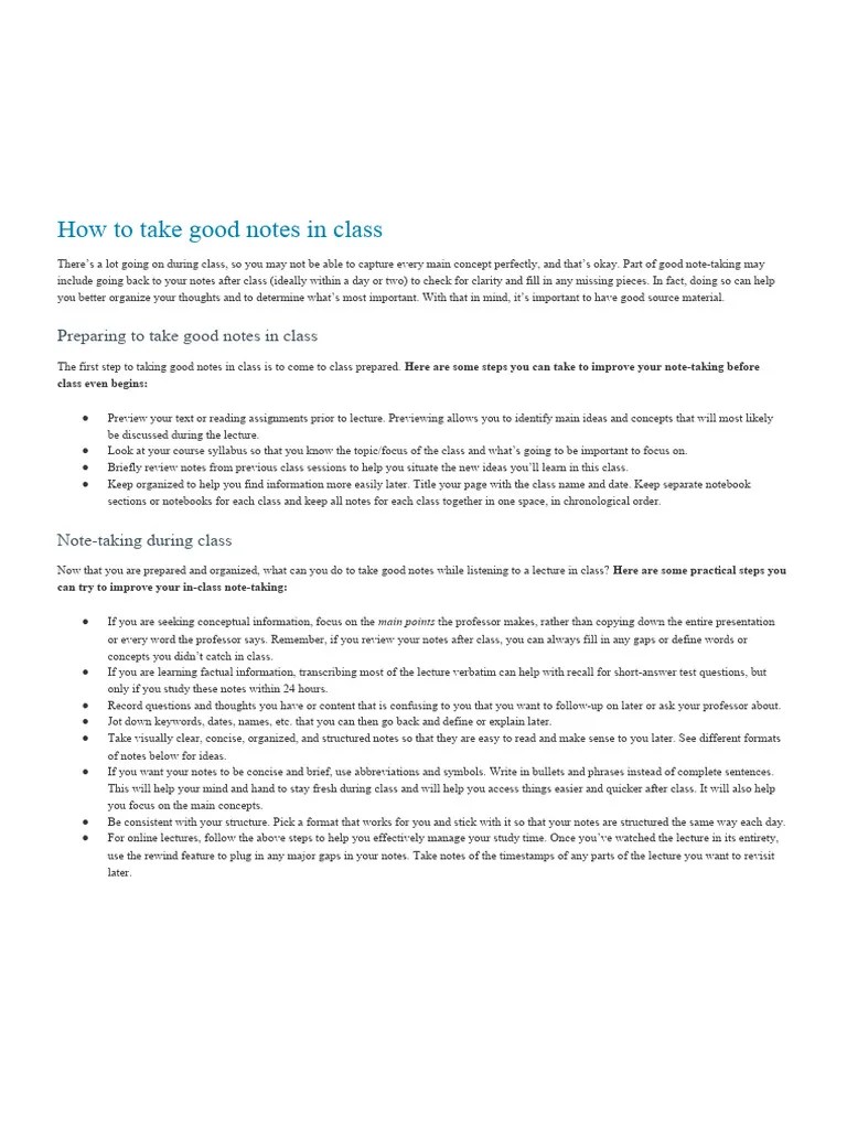 How To Take Good Notes In Class | PDF | Mental Processes | Cognitive ...