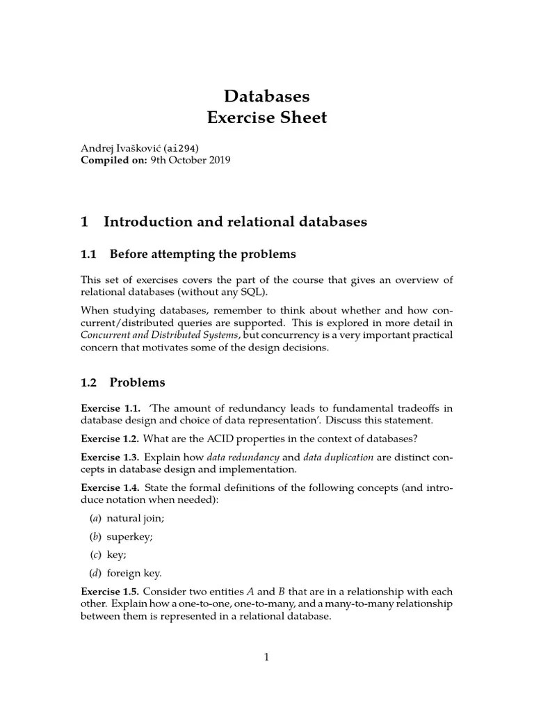 Databases Exercise Sheet + | Download Free PDF | Relational Model ...