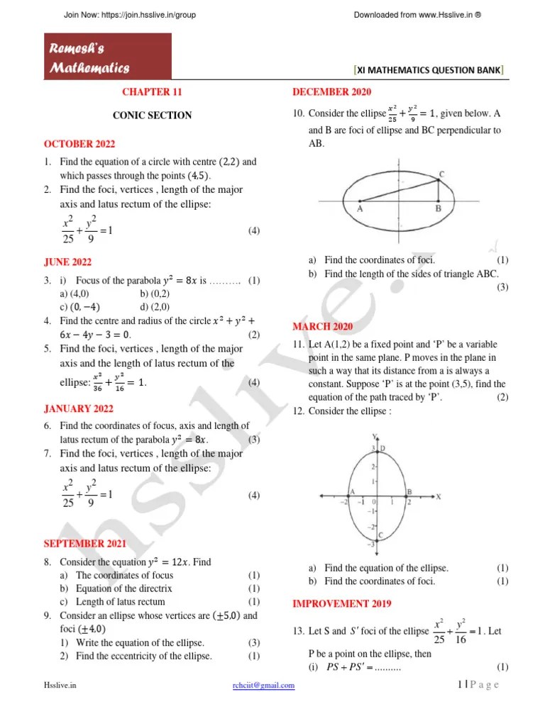 Hsslive-Xi-Maths-Qb-11. CONIC SECTIONS | PDF | Ellipse | Geometry