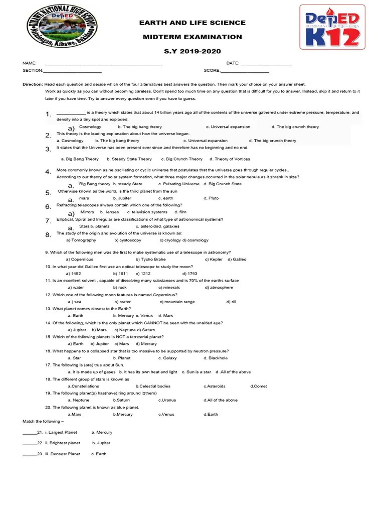 Earth And Life Science Midterm Exam2019-2020 | PDF | Planets | Earth