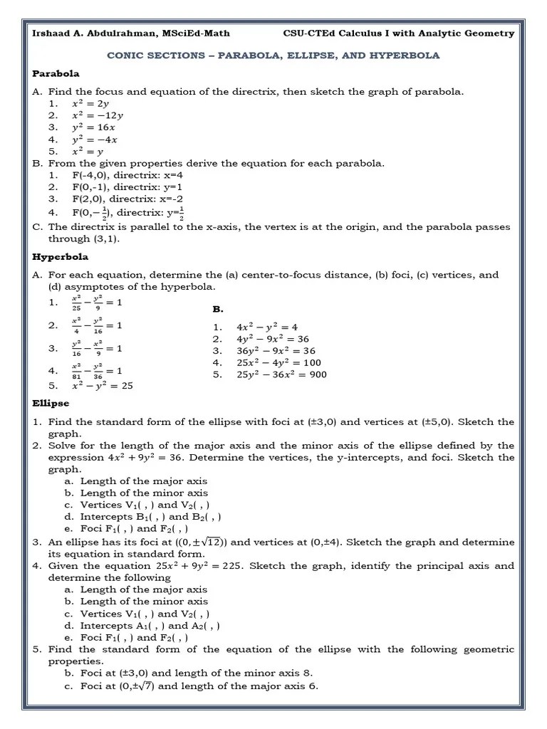 Conic Sections Parabola Ellipse And Hyperbola | PDF
