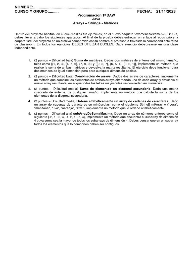 02 - Prueba Programación 1º DAW - Java - Arrays-Strings-Matrices | PDF ...