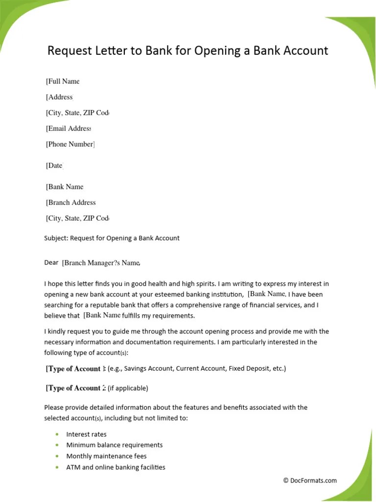 Request Letter To Bank For Opening A Bank Account | PDF