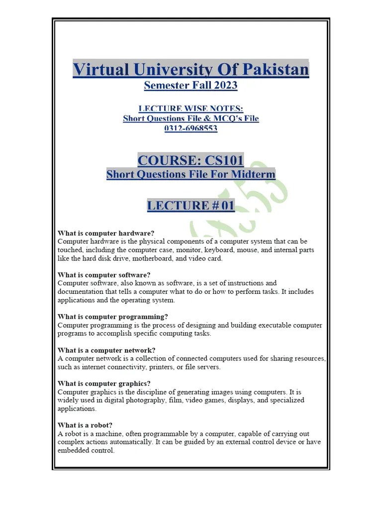 Cs101 Lecture Wise Short Questions File | PDF | Computer Data Storage ...