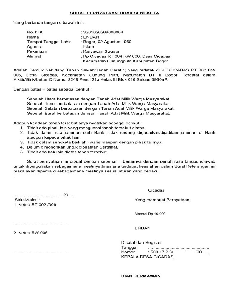 Pernyataan Tanah Tidak Sengketa | PDF