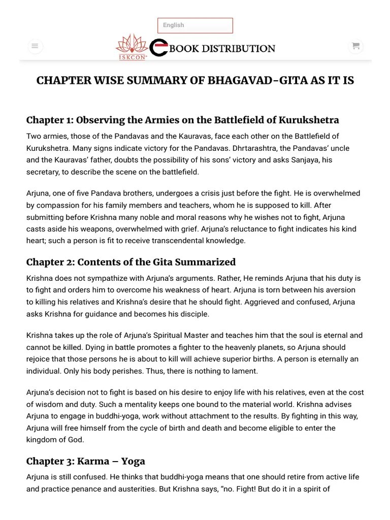 Chapter Wise Summary Of Bhagavad-Gita As It Is | PDF | Bhagavad Gita | Yoga