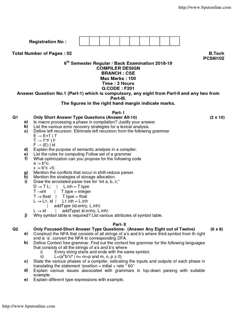 Btech Cse 6 Sem Compiler Design Pcs6i102 2019 | PDF | Parsing | Compiler