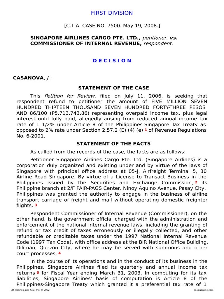 Singapore Airlines V. CIR CTA No. 7500 | PDF | Tax Refund | Gross Income
