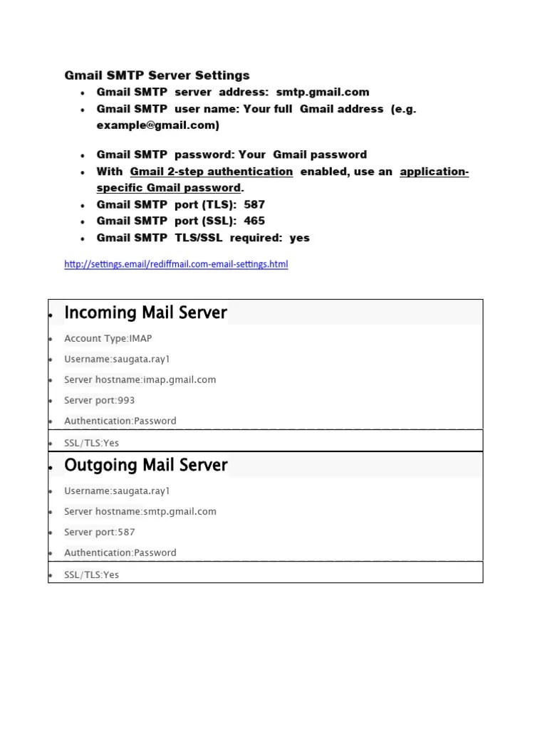 Gmail SMTP Server Settings | PDF