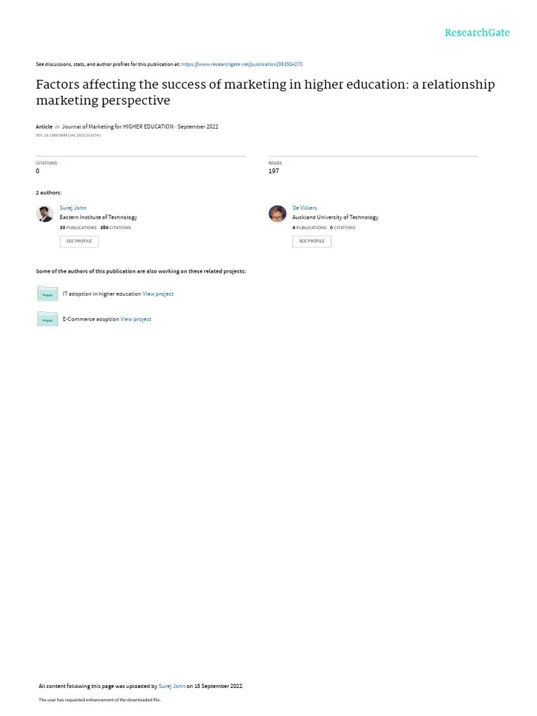 Factors Affecting The Success Of Marketing In Higher Education: A ...