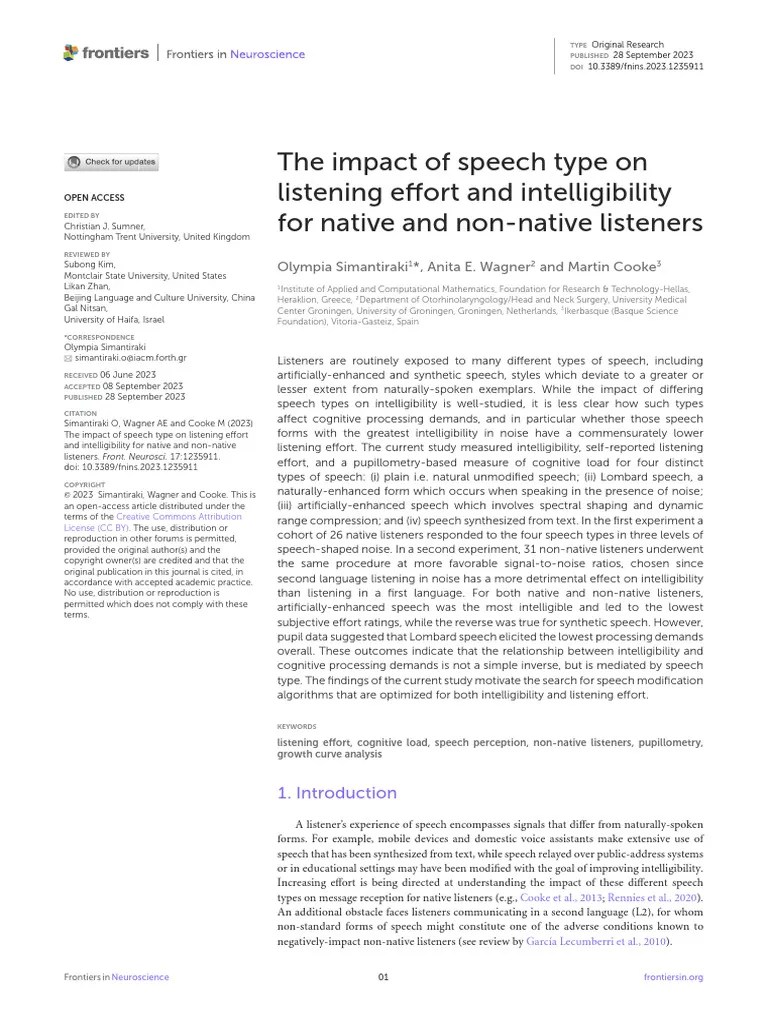Impact Of Speech Type On Listening Effort | PDF | Speech Synthesis | Speech