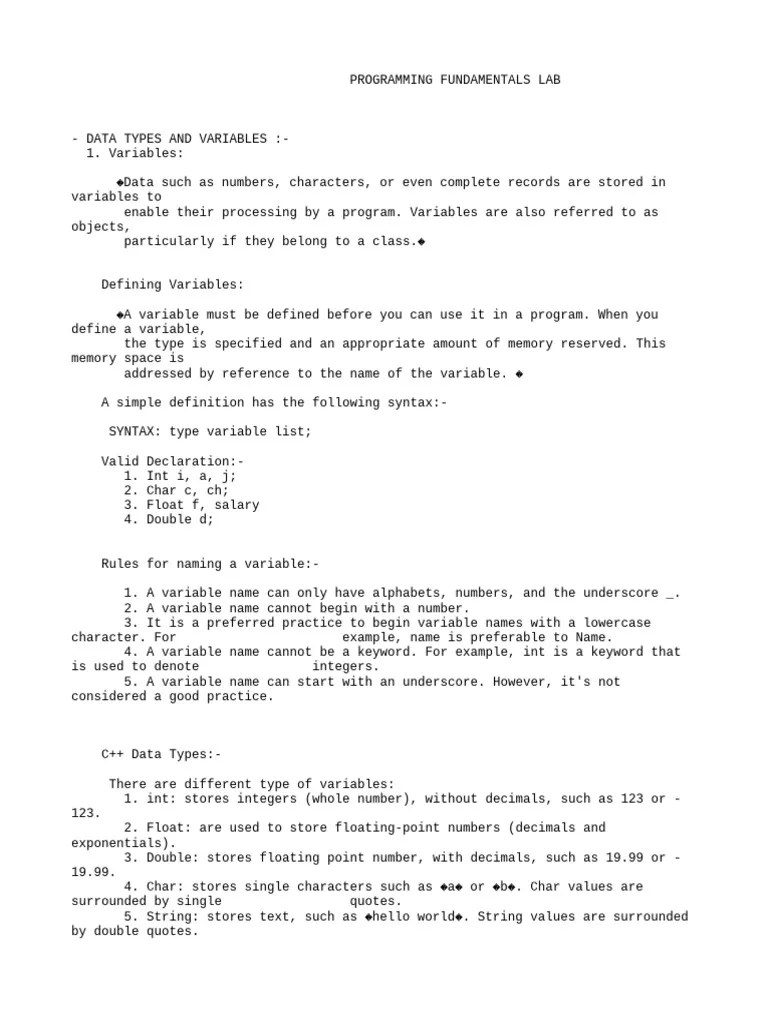 Programming Fund Lab 01 | Download Free PDF | Data Type | Integer ...