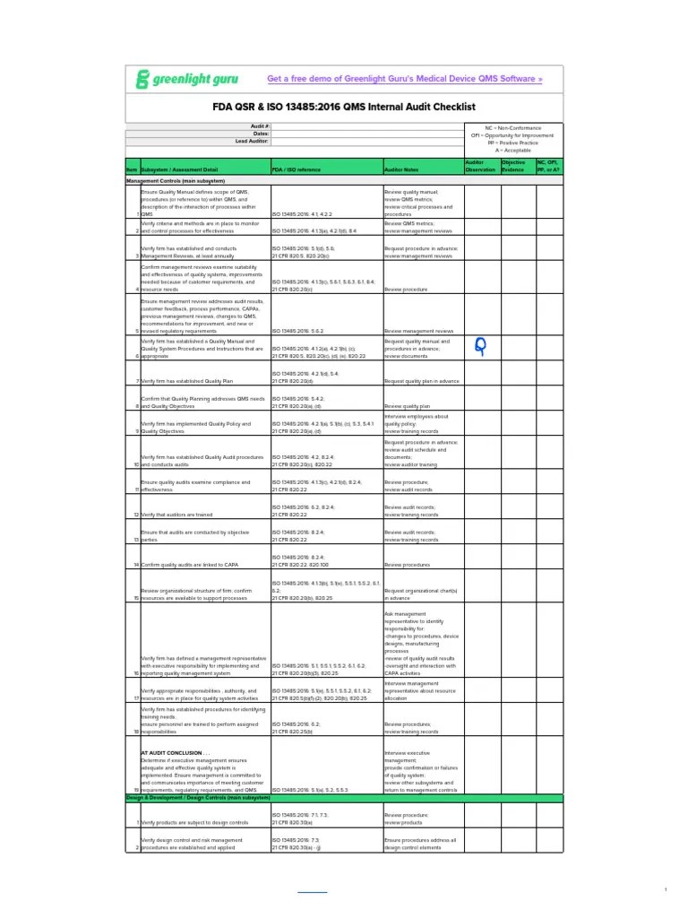 FDA QSR & ISO 13485-2016 - QMS - Internal - Audit - Checklist ...