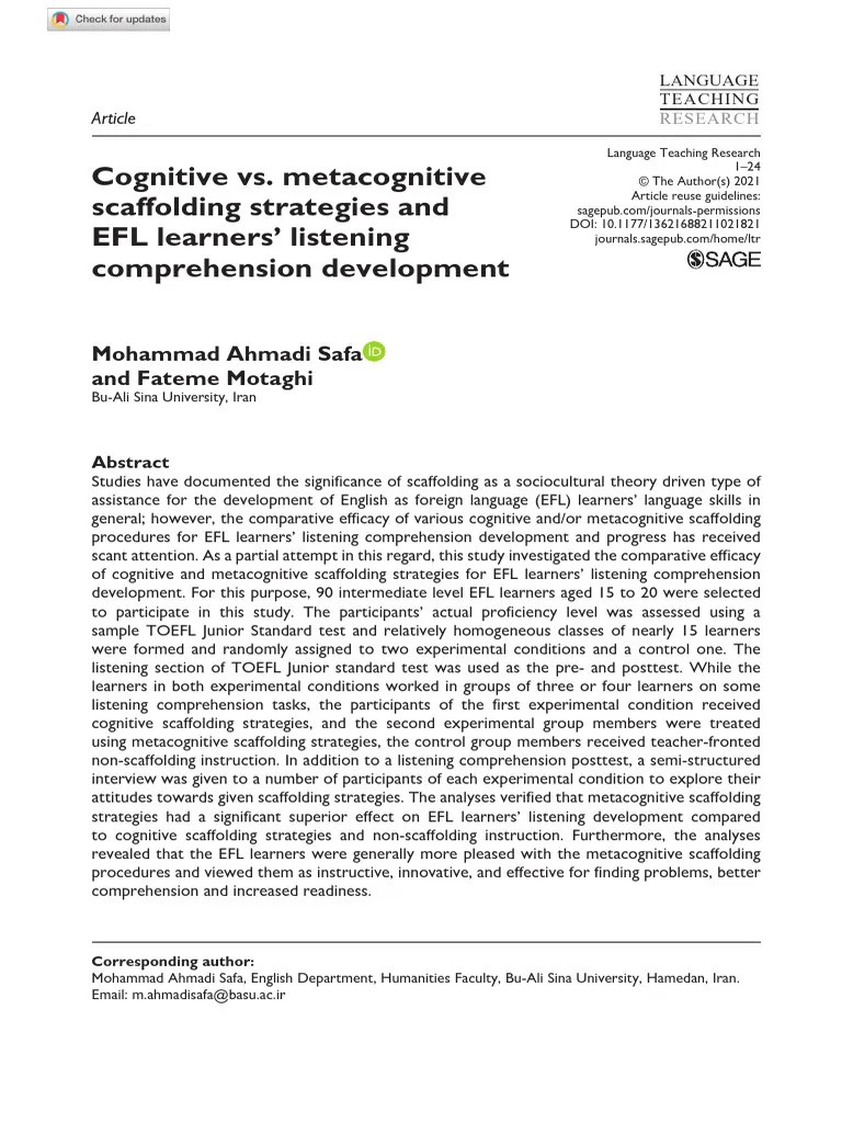 Ahmadi Safa Motaghi 2021 Cognitive Vs Metacognitive Scaffolding ...