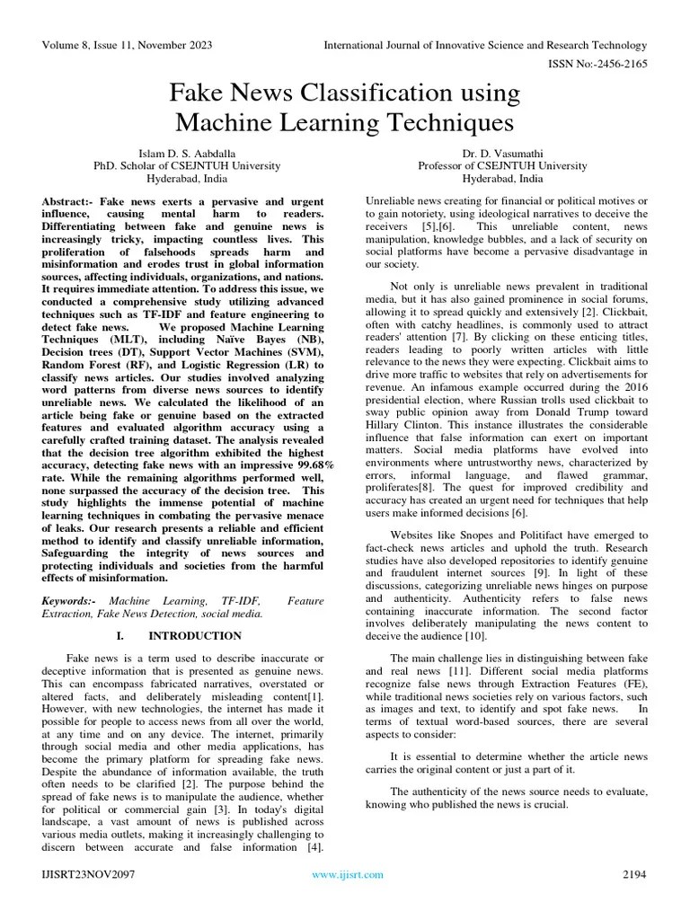Fake News Classification Using Machine Learning Techniques | PDF ...
