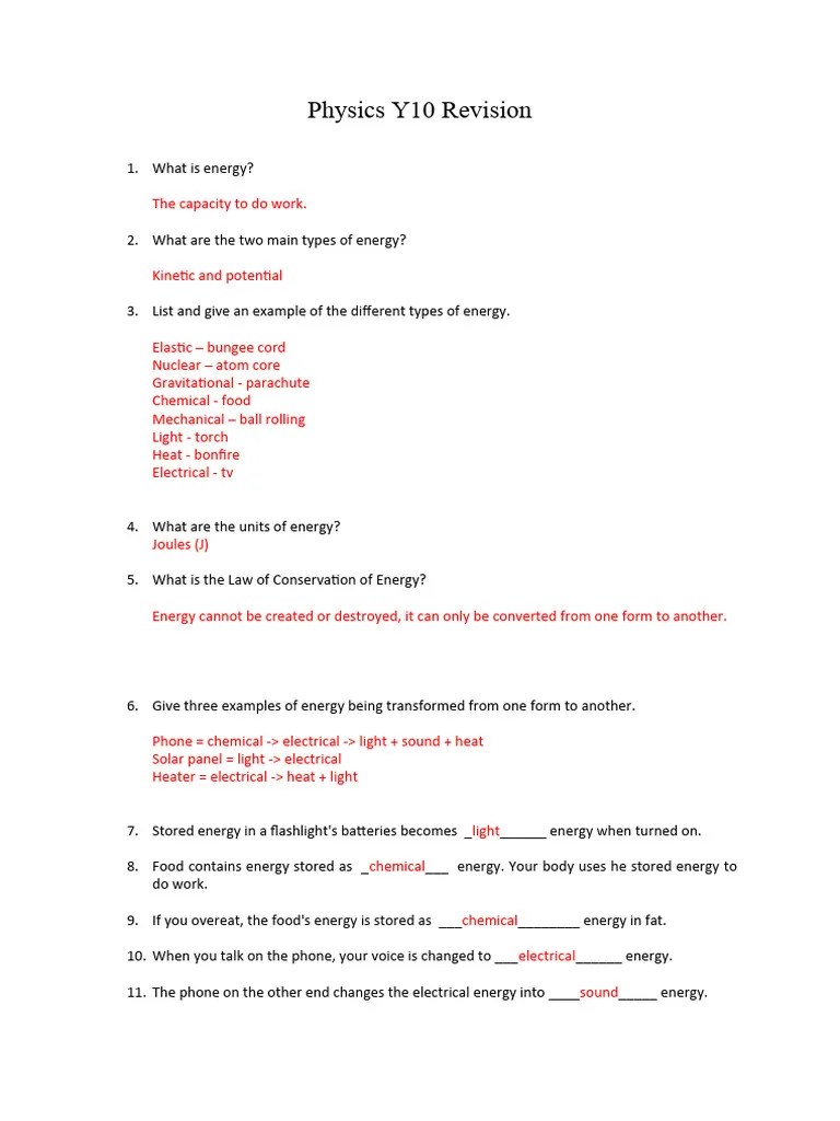 Physics Y10 Revision MK | Download Free PDF | Potential Energy ...