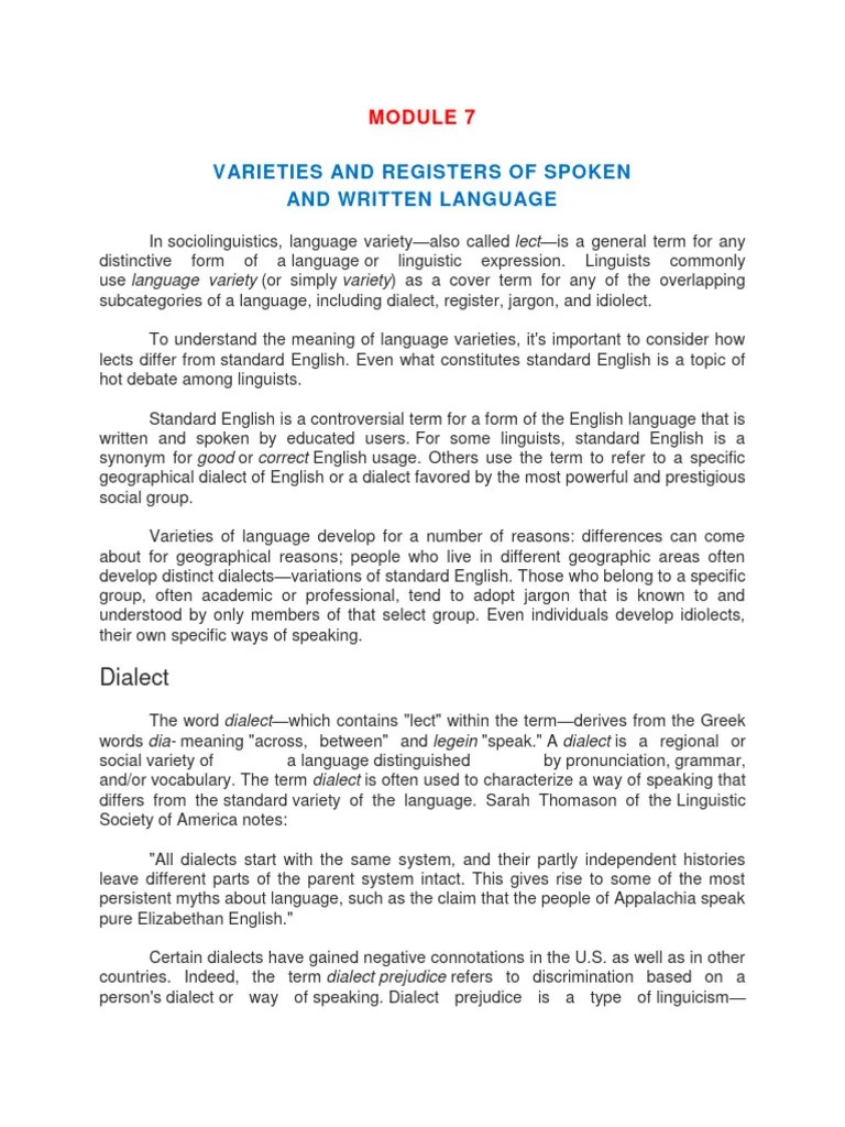 GE 2 Module 7 | PDF | Dialect | Sociolinguistics