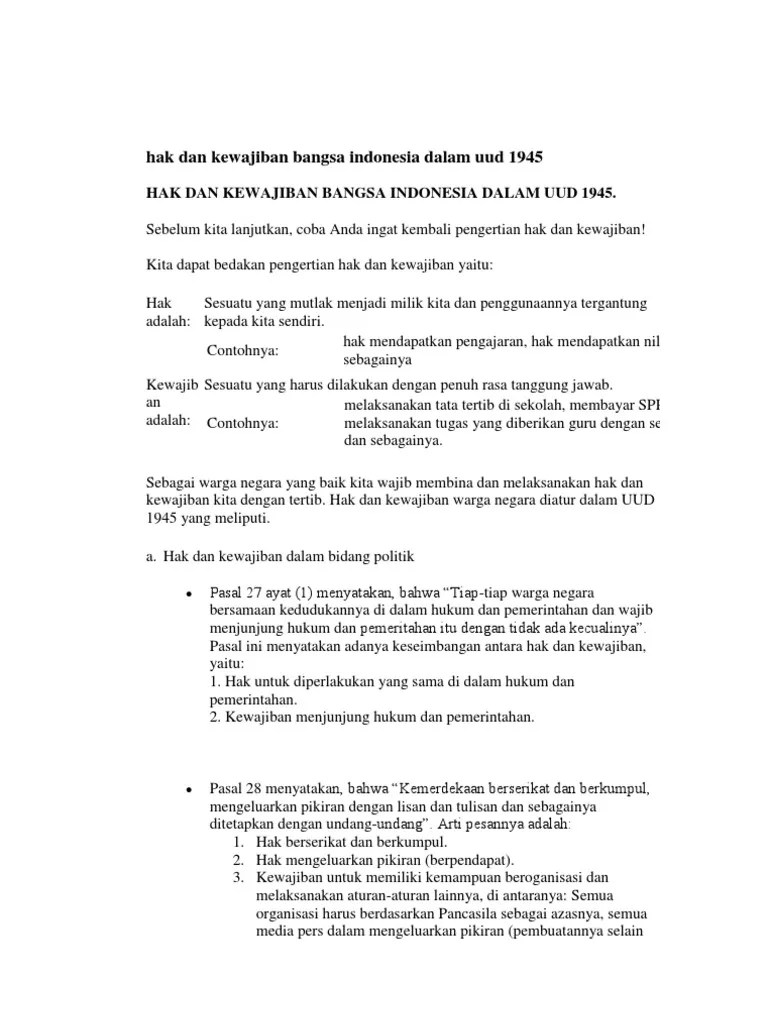 Hak Dan Kewajiban Bangsa Indonesia Dalam Uud 1945 | PDF