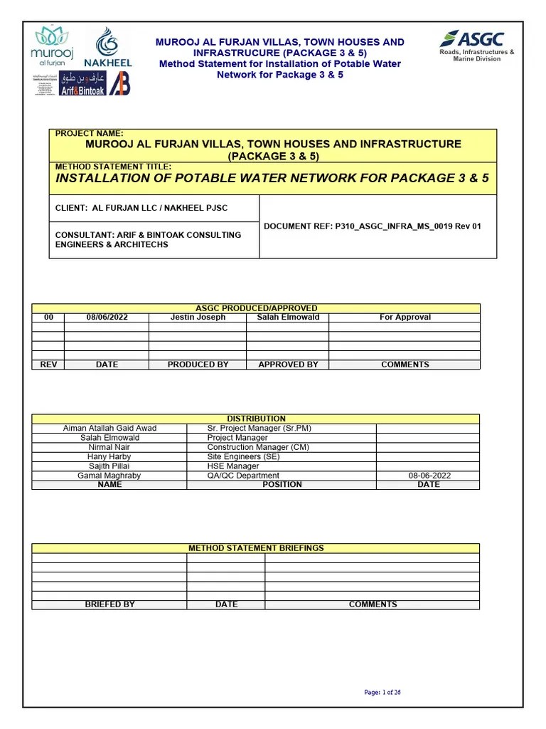 P310 - ASGC - INFRA - MS - 0019 Method Statement For Installation Of Potable Water Network Rev ...