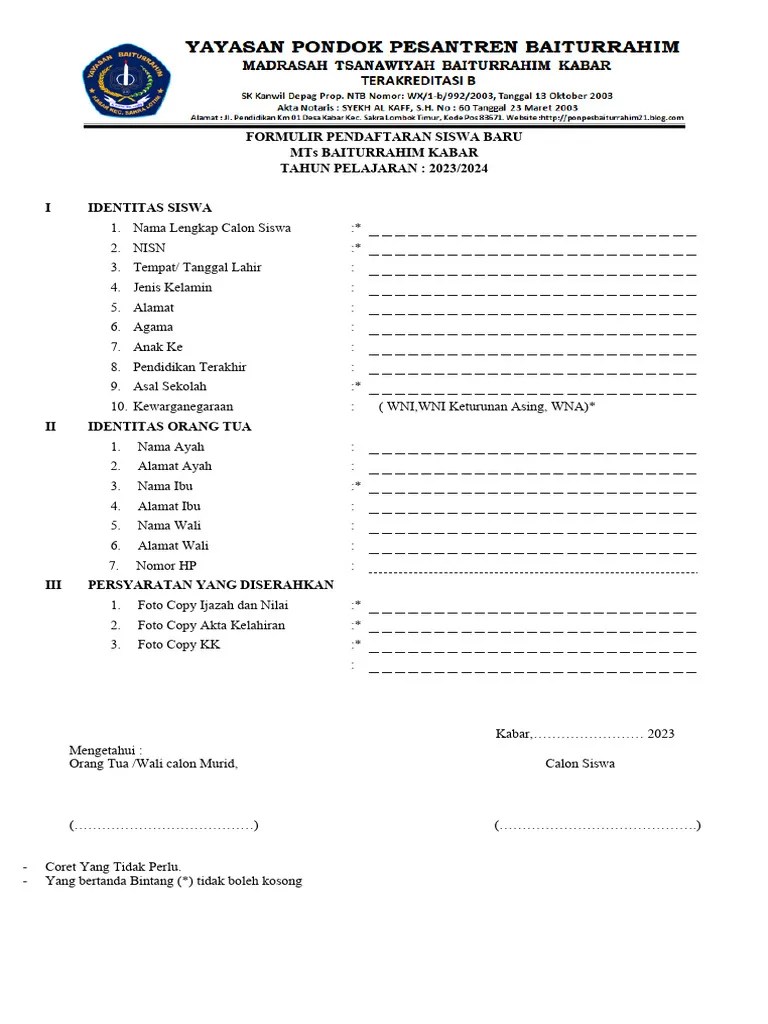 FORMULIR PENDAFTARAN SISWA BARU | PDF