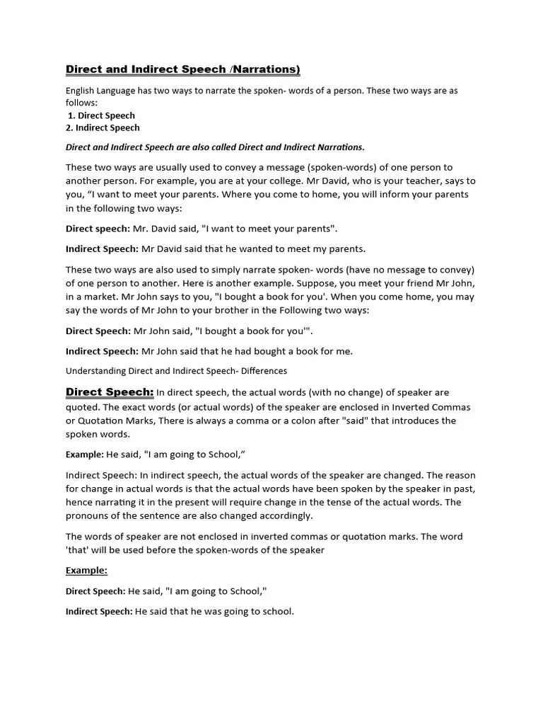 Direct And Indirect Narration | PDF | Grammatical Tense | Verb
