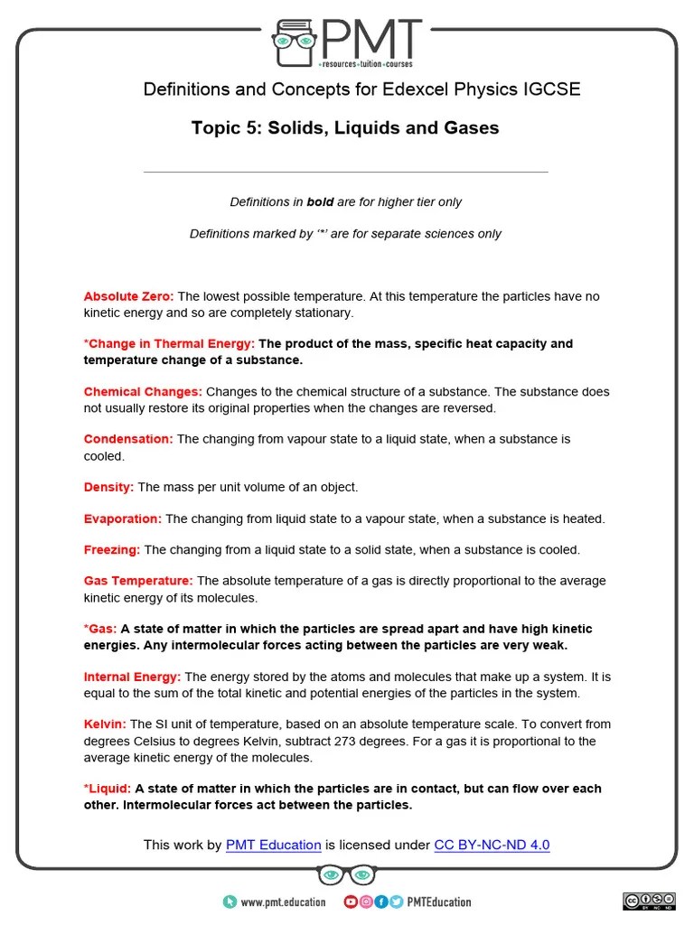 Definitions - Topic 5 - Solids, Liquids And Gases - Edexcel Physics IGCSE | PDF