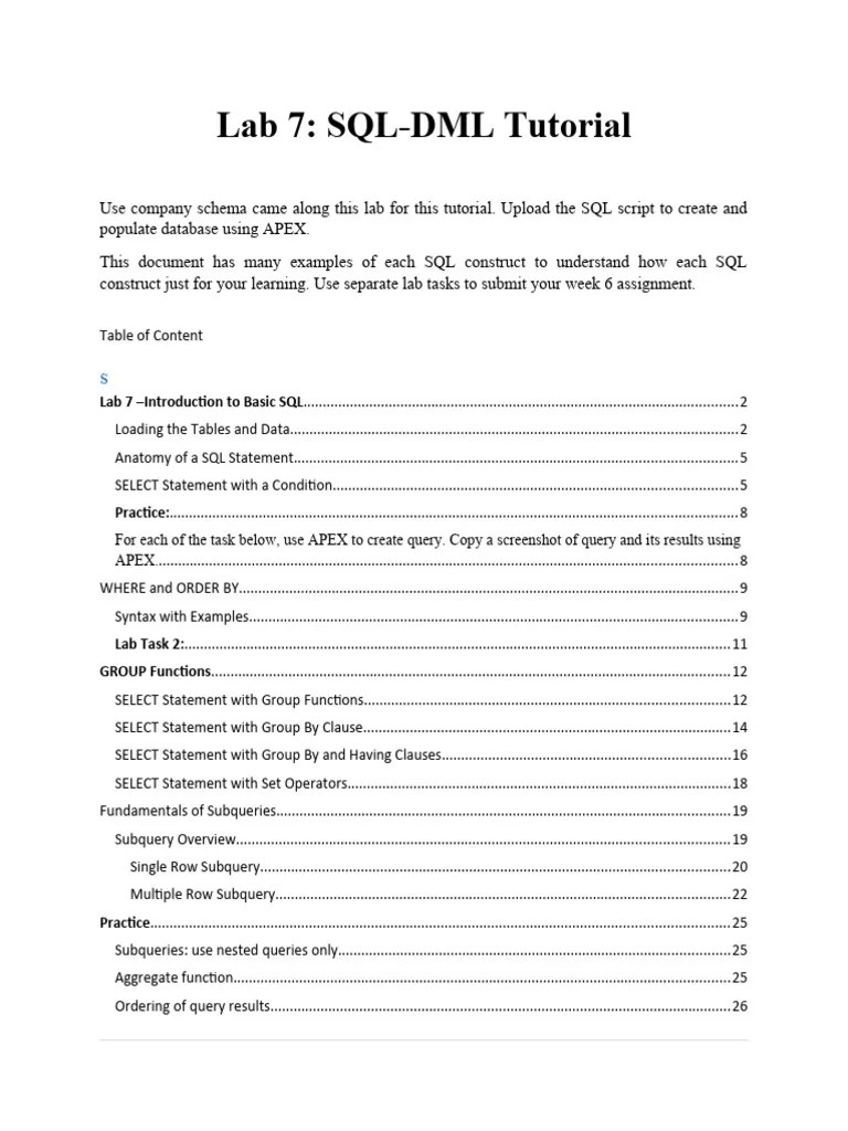 Lab 7 (SQL DML-tutorial) Using Database Script | Download Free PDF ...