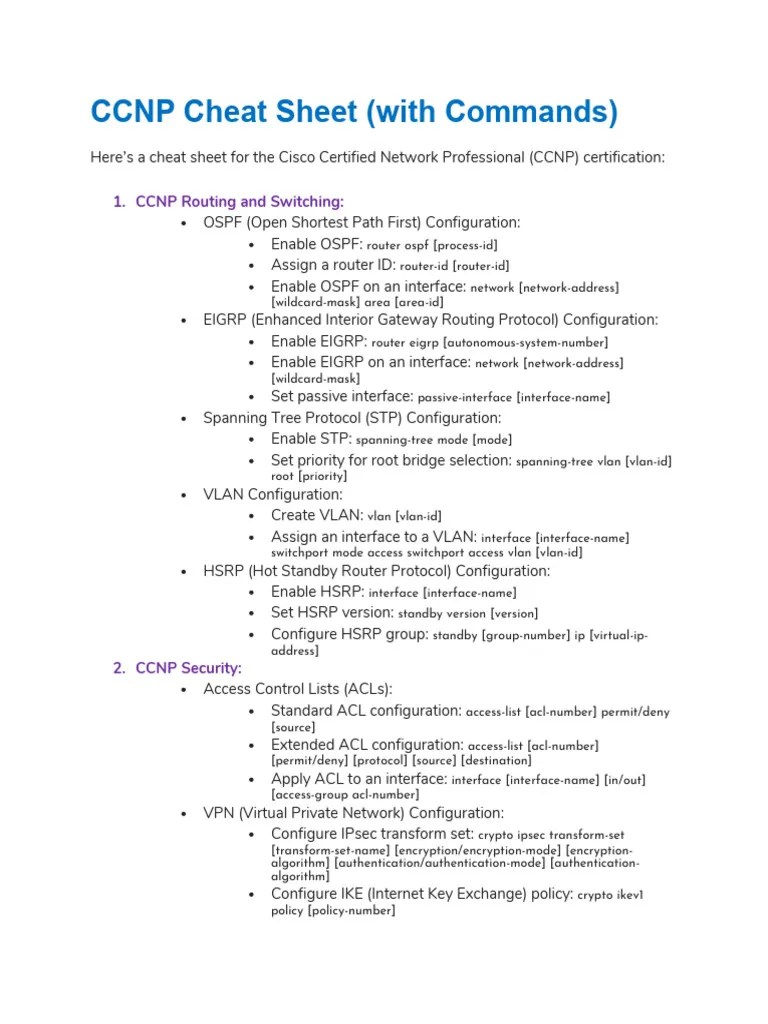 CCNP Commands Cheat Sheet | PDF | Ip Address | Wireless Lan