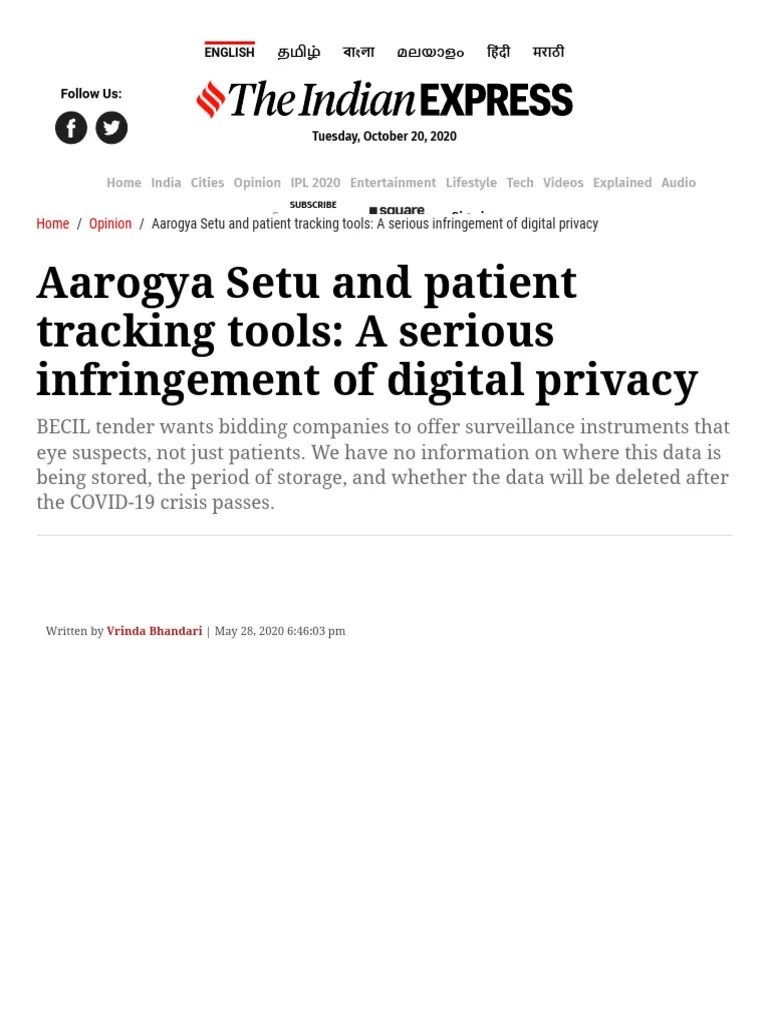 Aarogya Setu And Patient Tracking Tools - A Serious Infringement Of ...