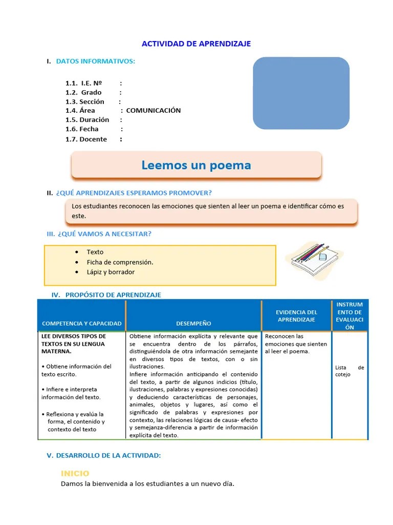 COMUNICACIÓN SESION DE REFUERZO Leemos Un Poema | PDF | Evaluación ...
