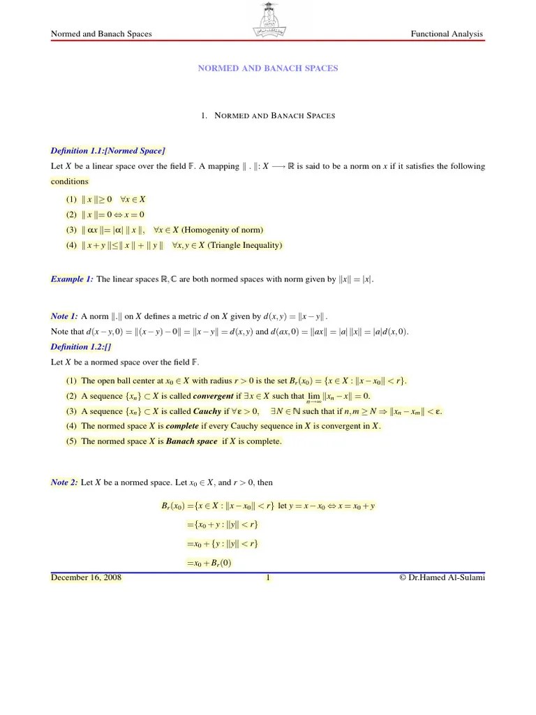 Normed And Banach Spaces | Download Free PDF | Banach Space | Functional Analysis