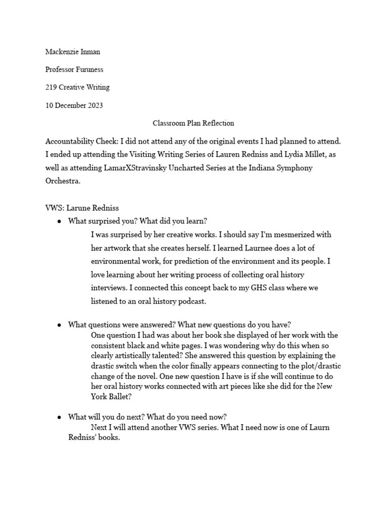 Classroom Plan Reflection | PDF