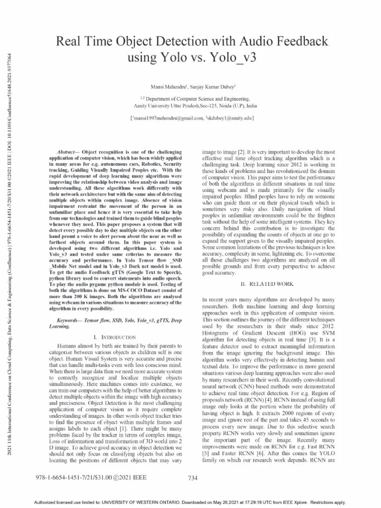 Real Time Object Detection With Audio Feedback Using Yolo Vs. Yolo_v3 | PDF
