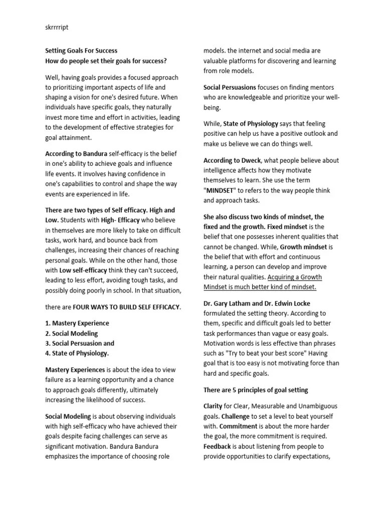 Setting Goals For Success | PDF | Goal | Self Efficacy