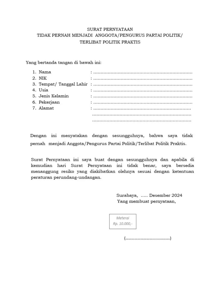 Surat Pernyataan Tercatut Di SIPOL (Jika Terdeteksi Di SIPOL) | PDF